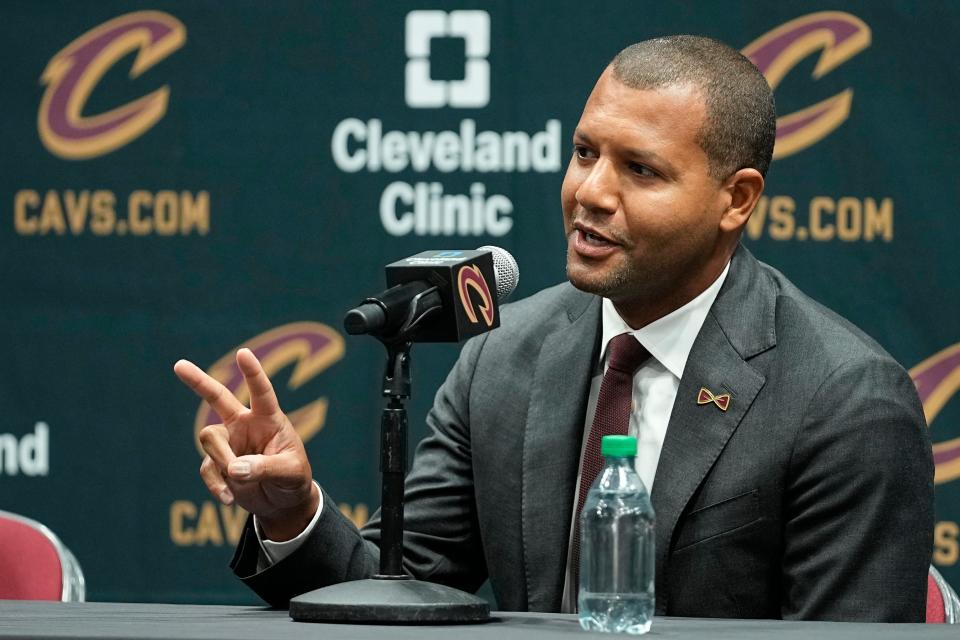 Cleveland Cavaliers president of basketball operations Koby Altman gestures as he speaks at a news conference during the team's media day Monday, Oct. 2, 2023, in Cleveland.