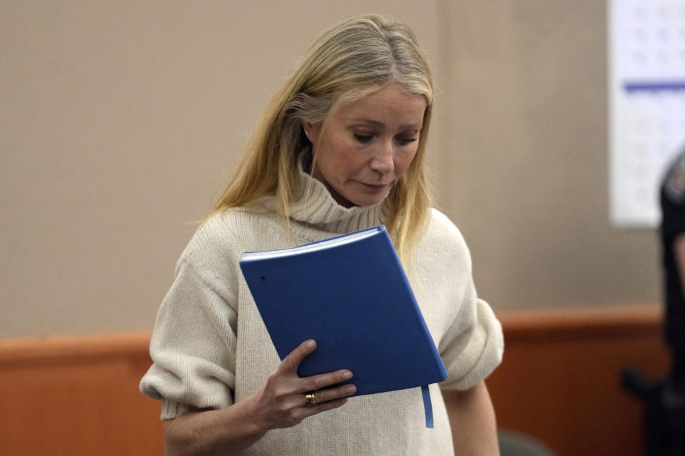 Actor Gwyneth Paltrow exits a courtroom, Tuesday, March 21, 2023, in Park City, Utah, where she is accused in a lawsuit of crashing into a skier during a 2016 family ski vacation, leaving him with brain damage and four broken ribs. Terry Sanderson claims that the actor-turned-lifestyle influencer was cruising down the slopes so recklessly that they violently collided, leaving him on the ground as she and her entourage continued their descent down Deer Valley Resort, a skiers-only mountain known for its groomed runs, après-ski champagne yurts and posh clientele. (AP Photo/Rick Bowmer, Pool)