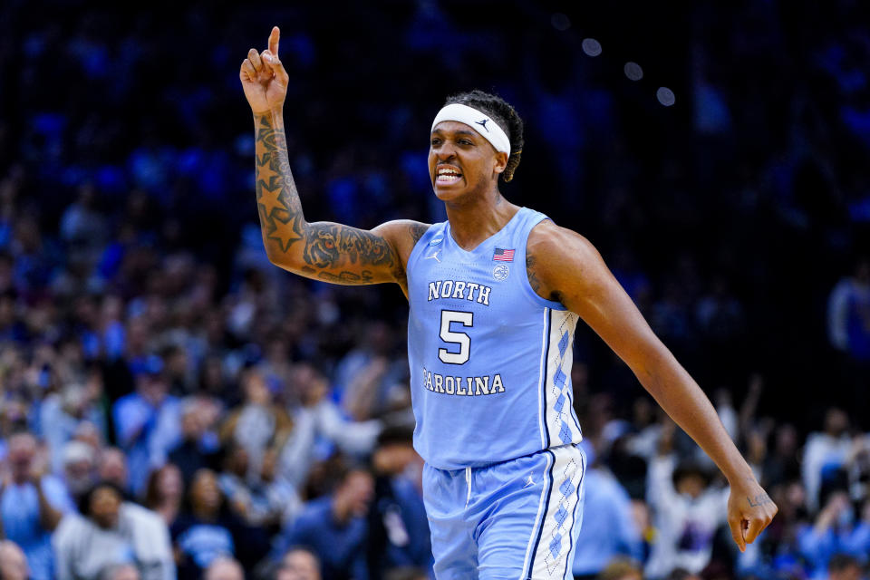 North Carolina's Armando Bacot reacts during the second half of a college basketball game against UCLA in the Sweet 16 round of the NCAA tournament, Friday, March 25, 2022, in Philadelphia. (AP Photo/Chris Szagola)