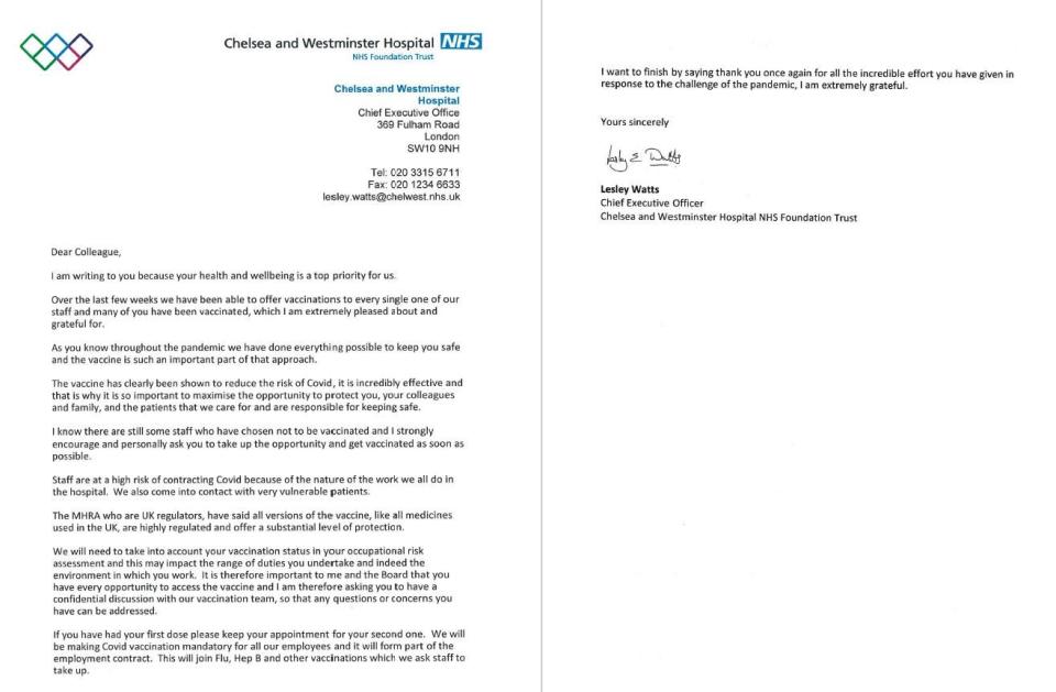The leaked letter written by the Chelsea and Westminster Foundation Trust and shared with other NHS bosses