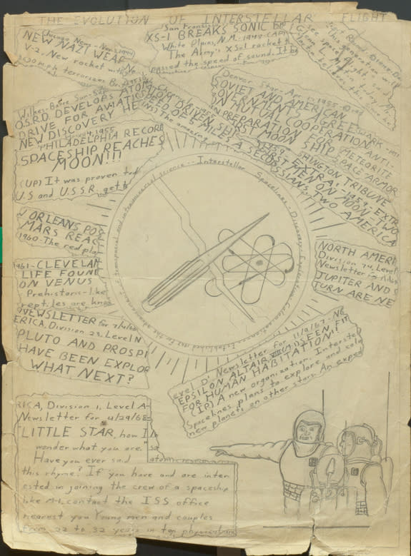 Drawing of “The Evolution of Interstellar Flight” by the young Carl Sagan (c. 10-13 years old). The young Sagan's vision of the future of spaceflight includes the discovery of life on Venus and the creation in 1967 of a venture called Interstel