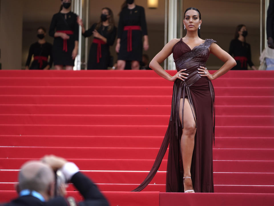 FILE - In this July 15, 2021 file photo Georgina Rodriguez poses for photographers upon arrival at the premiere of the film 'France' at the 74th international film festival, Cannes, southern France. (AP Photo/Brynn Anderson, File)