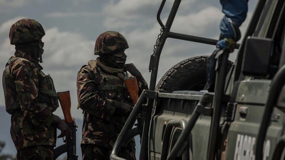 East African Regional Force (EACRF) soldiers guard Rumangabo camp after the meeting between EACRF officials and M23 rebels during the handover ceremony at Rumangabo camp in eastern Democratic Republic of Congo on January 6, 2023.