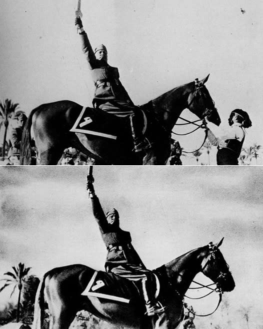 Dentro de los históricos retoques y sin Photoshop, se destaca la icónica imagen de Benito Mussolini con su espada al cielo y sobre un caballo. El mozo que llevaba el equino fue borrado, tal vez con la intención de darle más poder a Il Duce.