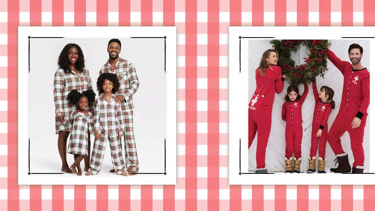 families wearing matching pajamas with a red gingham border