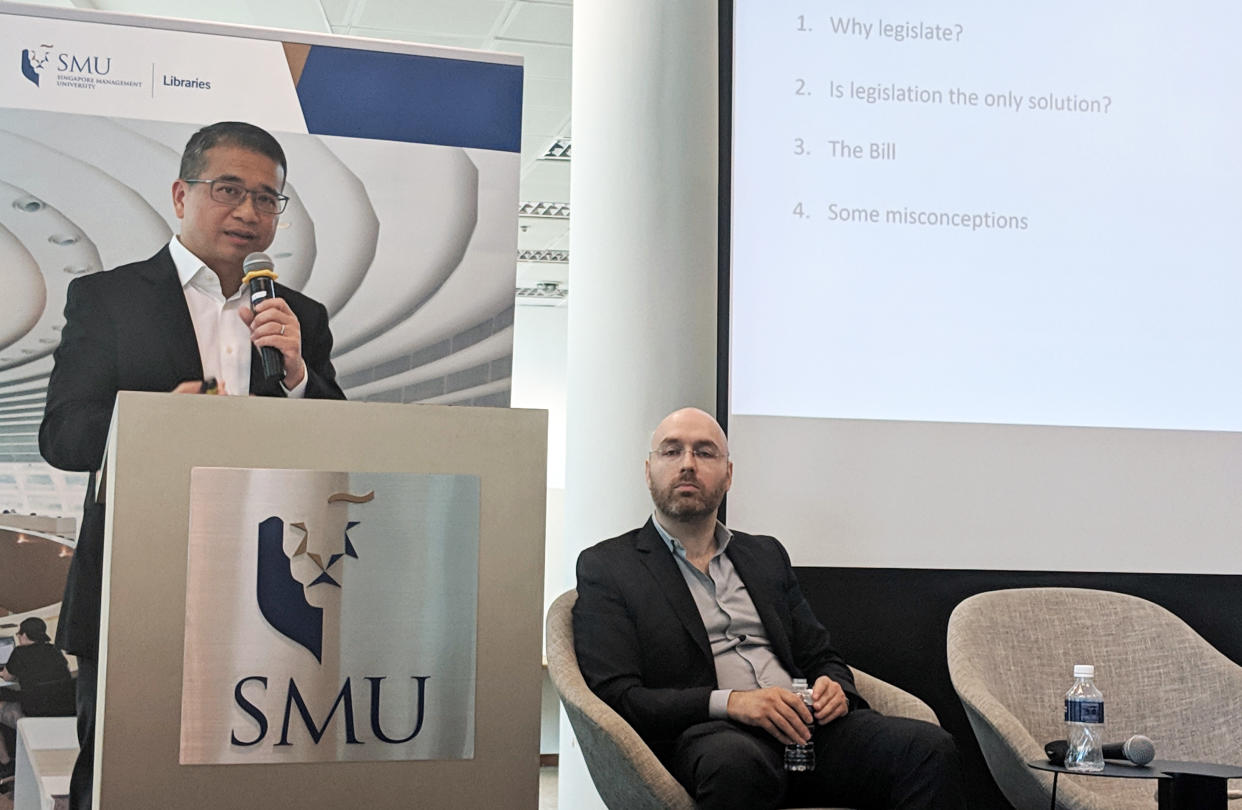 Senior Minister of State for Law and Health Edwin Tong speaking at the Truth and Lies: Trust in Times of Information Disorder forum held at the Singapore Management University on 3 April, 2019. (PHOTO: Yahoo News Singapore)