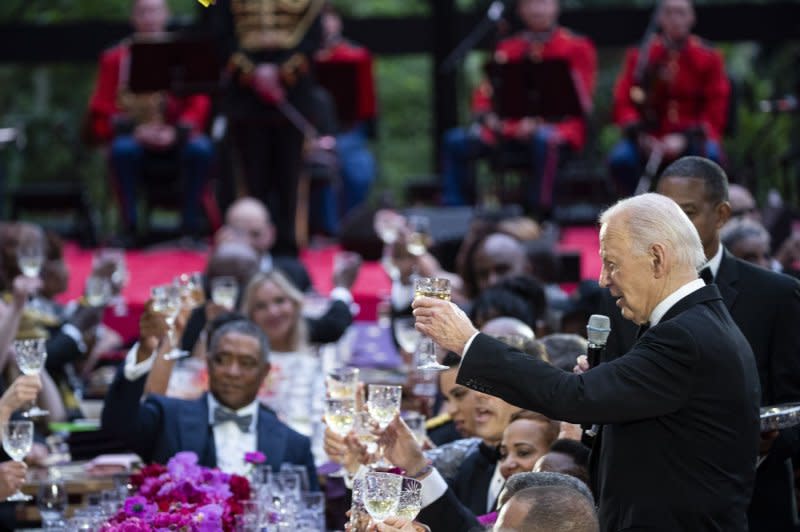 U.S. President Joe Biden speaks during a toast to William Ruto, Kenya's president during a state dinner at the White House in Washington on Thursday. Photo by Al Drago/UPI