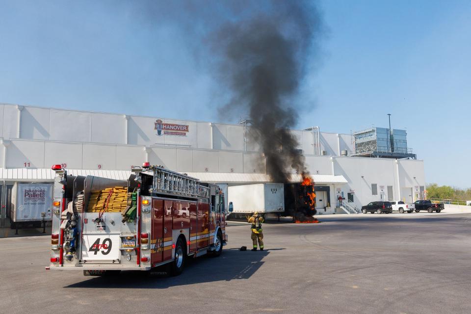 Hanover Area Fire & Rescue Engine 79-3 arrives on the scene of a trailer fire at the Hanover Foods Cold Storage facility on Wilson Avenue Monday. The fire was contained to the trailer.