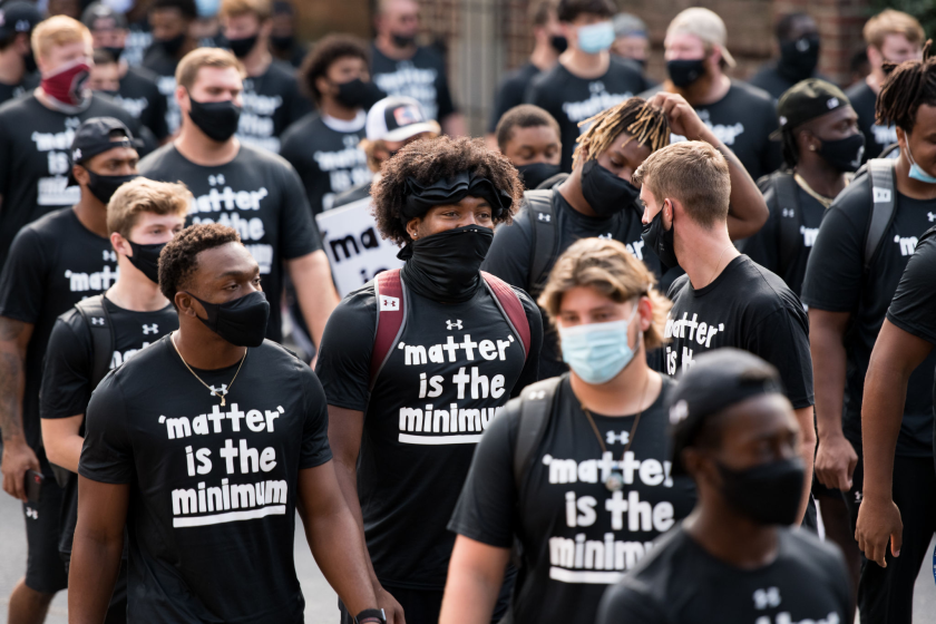 COLUMBIA, SC - AUGUST 31: University of South Carolina football players participate in a demonstration.