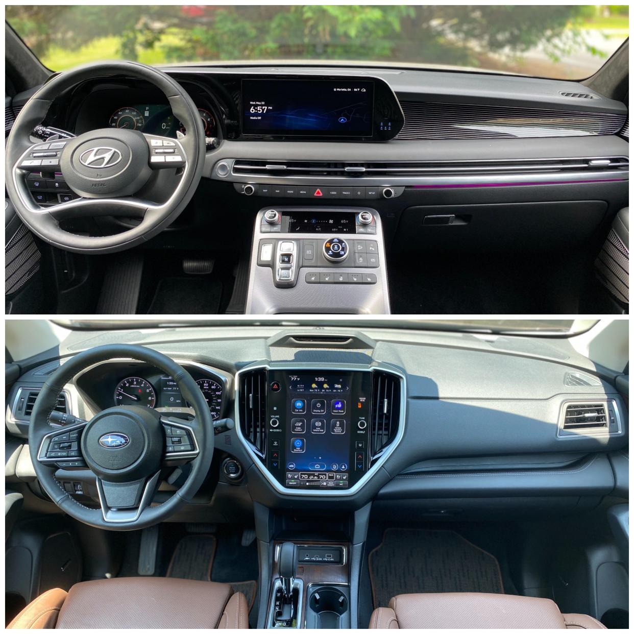 Two photos showing the front dash of a 2024 Hyundai Palisade and a 2024 Subaru Ascent SUV.