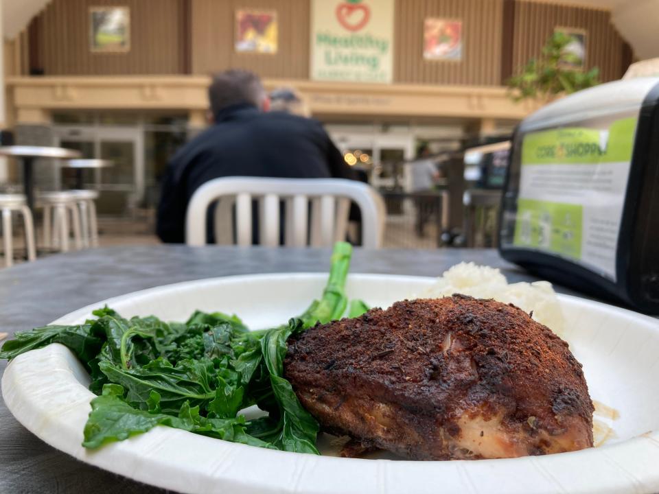 Chicken Marbella with broccoli rabe and jasmine rice from Healthy Living Market & Cafe outside Saratoga Springs, New York, shown April 14, 2022.