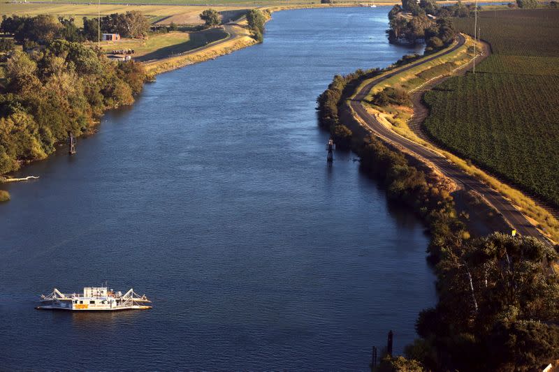 Aerial view of a ferry in the Sacramento San Joaquin River Delta near Rio Vista, California