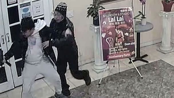 PHOTO: Brandon Tsay is seen in surveillance video wrestling a gun away from Huu Can Tran, 72, who is alleged to have killed 10 people in nearby Monterey Park, in a dance hall in Alhambra, California, on Jan. 21, 2023. (Lai Lai Ballroom)