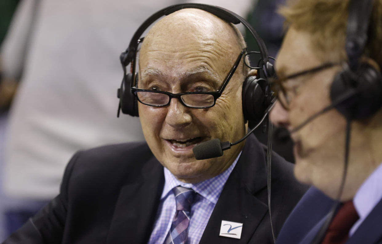 WACO, TX - DECEMBER 12: Sports commentator Dick Vitale prepares to call Sundays Baylor-Villanova game court side along with Jon 'Boog' Sciambi at the Ferrell Center on December 12, 2021 in Waco, Texas. (Photo by Ron Jenkins/Getty Images)