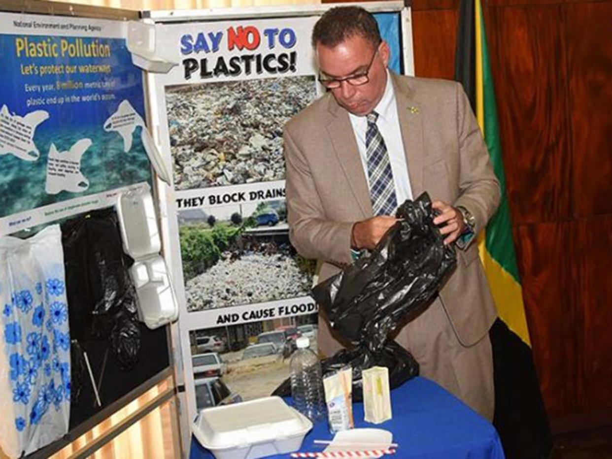 Minister without Portfolio in the Ministry of Economic Growth and Job Creation, Hon. Daryl Vaz, looks at some of the plastic products that the Government will ban starting January 2019: Jamaica Information Service