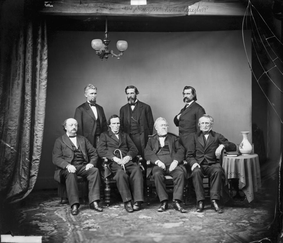 Mathew Brady studio portrait of the House of Representatives impeachment committee of President Andrew Johnson in 1868. Standing from left are James F. Wilson, George S. Boutwell and John A. Logan. Seated are Benjamin F. Butler, Thaddeus Stevens, Thomas Williams and John A. Bingham.