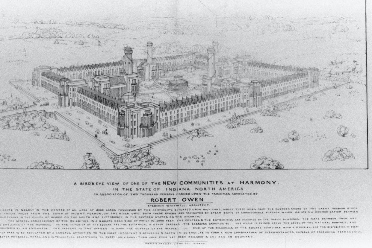 <span class="caption">The utopian community modeled on the industrialist's principles lasted only two years.</span> <span class="attribution"><a class="link " href="https://www.gettyimages.com/detail/news-photo/sketch-of-a-city-plan-for-a-new-community-at-harmony-news-photo/615293152" rel="nofollow noopener" target="_blank" data-ylk="slk:Corbis Historical/Getty Images;elm:context_link;itc:0;sec:content-canvas">Corbis Historical/Getty Images</a></span>