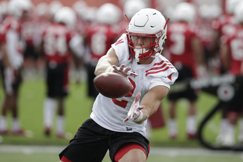 Nebraska wide receiver Zack Darlington (2) makes a catch on the first day of preseason practice, in Lincoln, Neb., Sunday, July 30, 2017. (AP Photo/Nati Harnik)