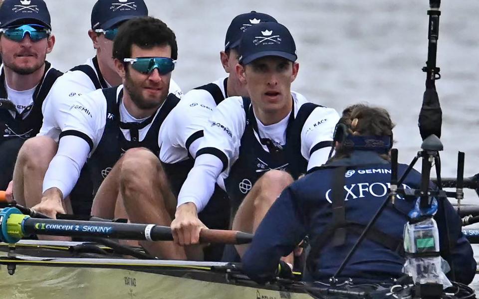 Anna O'Hanlon (cox), Felix Drinkall (stroke), Tassilo von Mueller, Jean-Philippe Dufour, James Doran and Tom Sharrock row - AFP via Getty Images