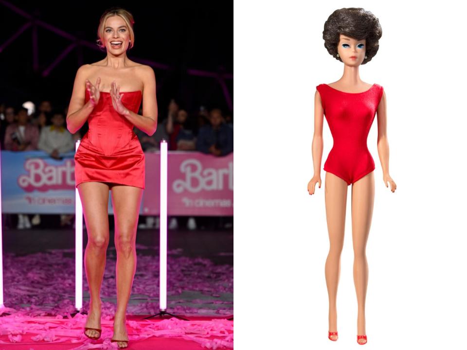 Margot Robbie Barbie outfit vs doll outfit