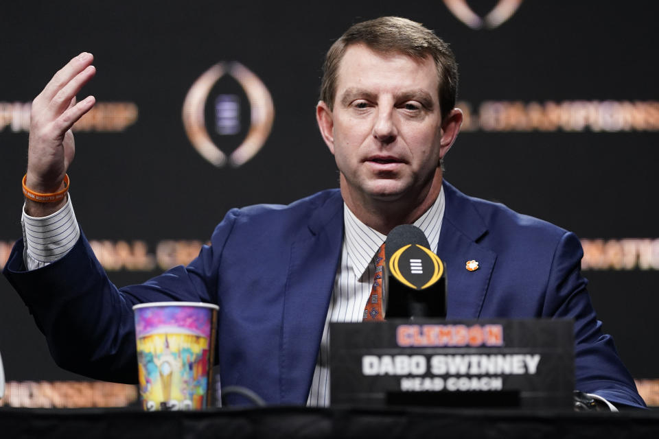 Clemson head coach Dabo Swinney speaks during a news conference for the NCAA College Football Playoff national championship game Sunday, Jan. 12, 2020, in New Orleans. Clemson is scheduled to play LSU on Monday. (AP Photo/David J. Phillip)