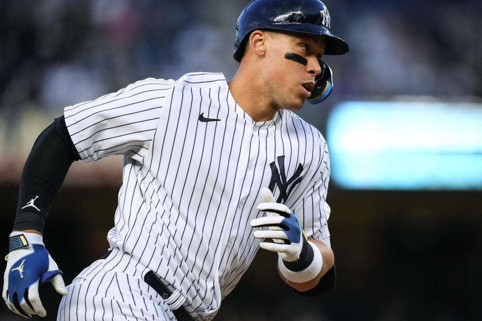 New York Yankees' Aaron Judge runs the bases after hitting a two-run home run against the Los Angeles Angels during the first inning of a baseball game Wednesday, April 19, 2023, in New York. (AP Photo/Frank Franklin II)