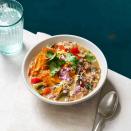 <p>Inspired by stuffed peppers, this soup is ready faster and with fewer dishes too! Have fun with the toppings—we top it with onion, Cheddar cheese and tortilla chips here, but salsa, sour cream and corn would also make stellar additions.</p> <p> <a href="https://www.eatingwell.com/recipe/7916302/stuffed-pepper-soup/" rel="nofollow noopener" target="_blank" data-ylk="slk:View Recipe;elm:context_link;itc:0;sec:content-canvas" class="link ">View Recipe</a></p>