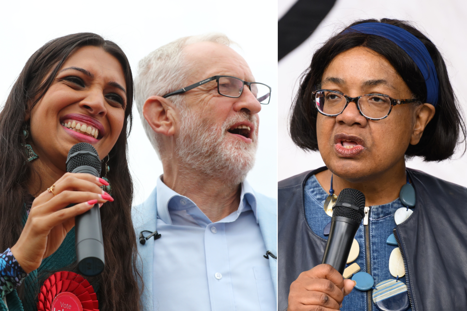 Faiza Shaheen and Jeremy Corbyn at a 2019 rally; Diane Abbott in 2023 (Getty Images)