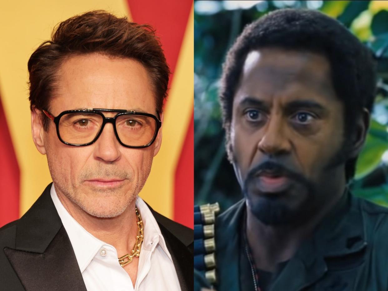Robert Downey Jr. at the 2024 Oscars and in "Tropic Thunder."