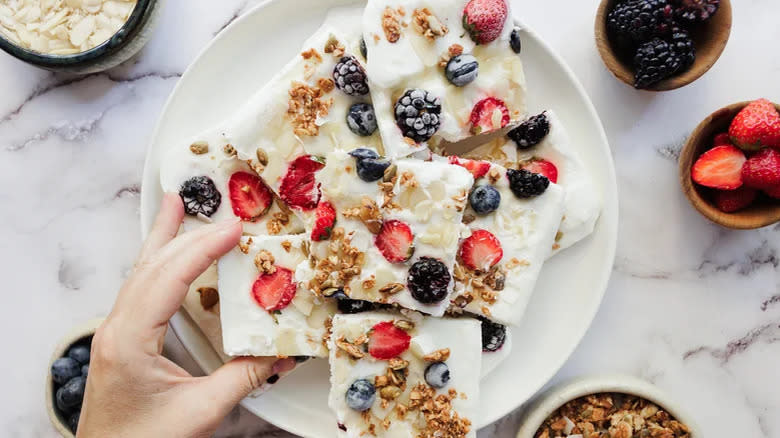 berry frozen yogurt bark on plate