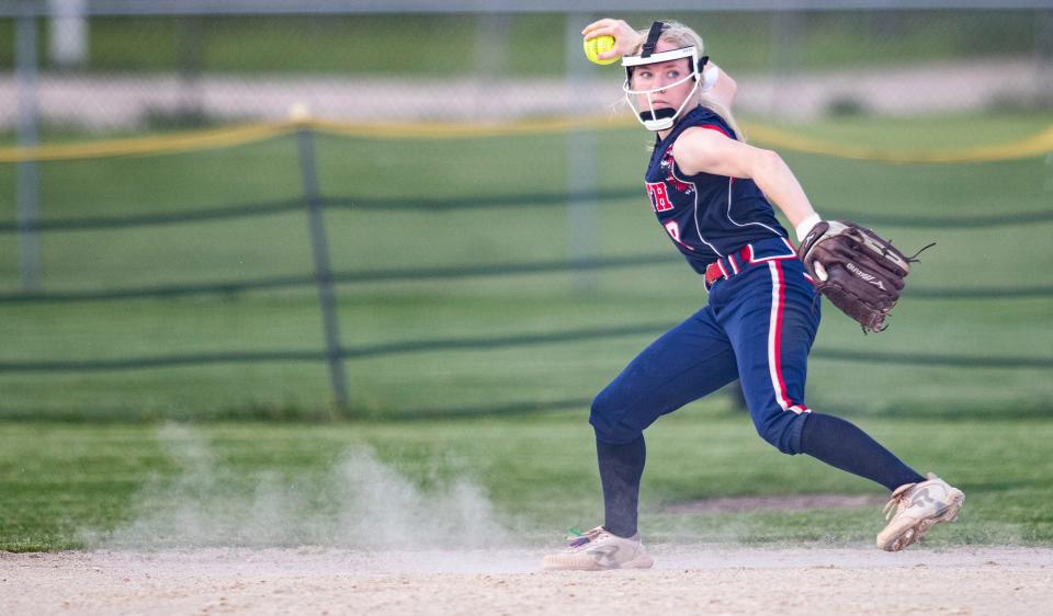 Belvidere North's McKenzie Culvey throws the ball to first base against Hononegah on Friday, May 13, 2022, at Swanson Park in Roscoe.