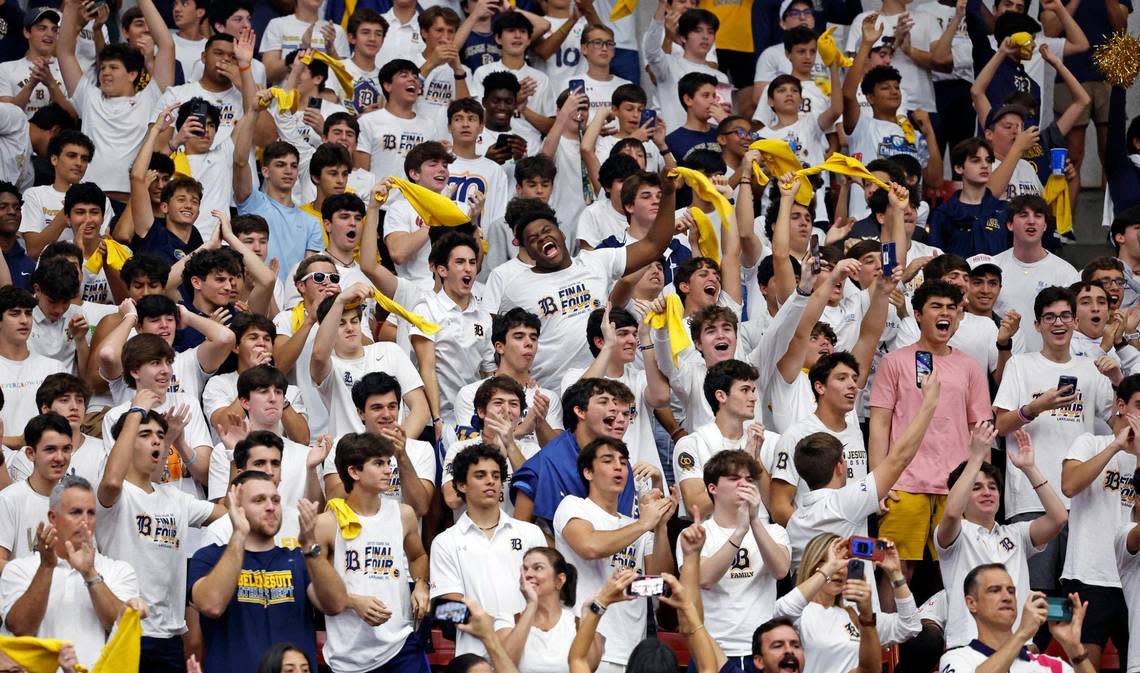 Belen Jesuit fans show their support during the game against Mainland for the FHSAA boys basketball Class 5A State Championship at the RP Funding Center in Lakeland, Florida on Saturday, March 4, 2023.