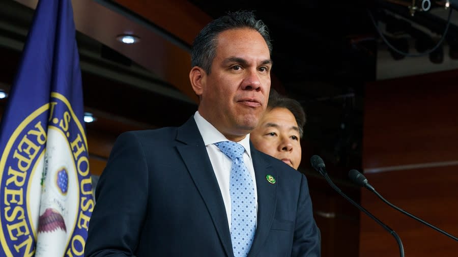 Rep. Pete Aguilar (D-Calif.) speaks to reporters alongside Rep. Ted Lieu (D-Calif.)