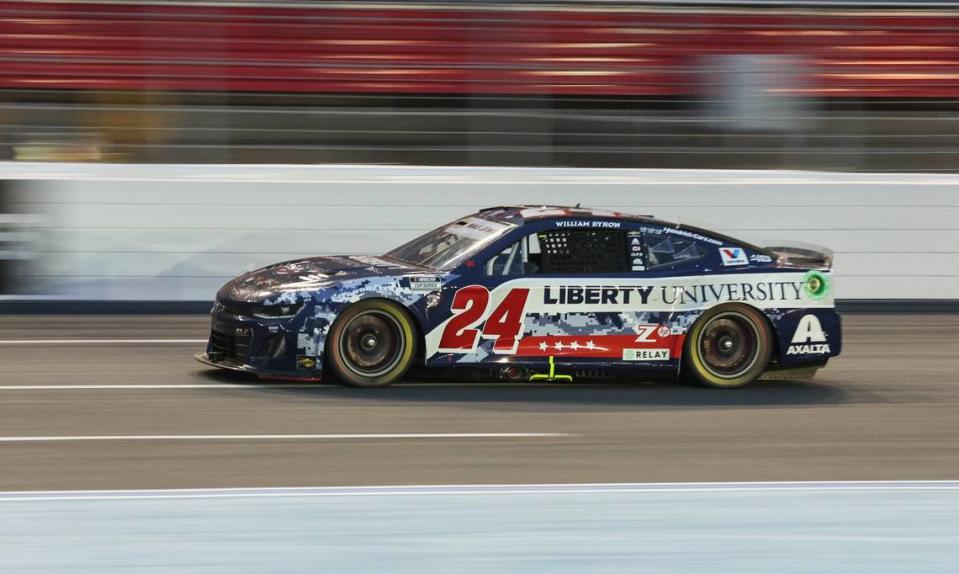 William Byron flies through the first turn during the Coca-Cola 600 at Charlotte Motor Speedway in Concord on Sunday, May 26, 2024.