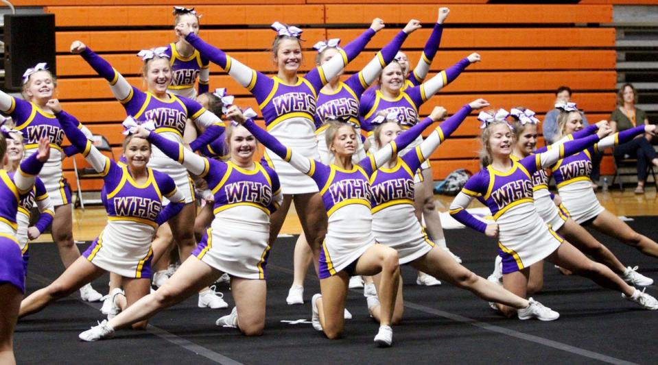 Members of Watertown High School's competitive cheer squad perform their routine in the Huron Invitational on Tuesday, Sept. 19, 2023.