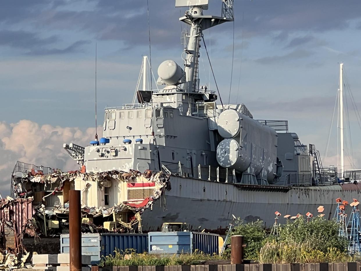 This photo, shared to Reddit's r/boating subreddit, shows the German corvette Hiddensee being scrapped at a shipyard in Bridgeport, Connecticut, on Oct. 11.