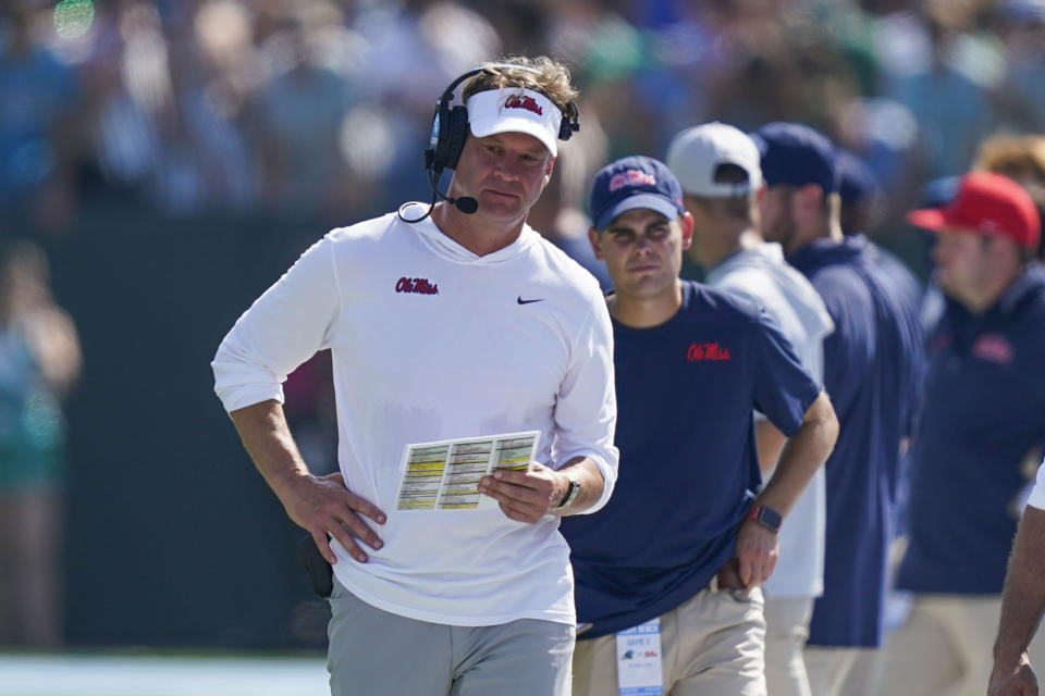 Mississippi head coach Layne Kiffin walks on the sideline in the first half of an NCAA college football game against Tulane in New Orleans, Saturday, Sept. 9, 2023. (AP Photo/Gerald Herbert)