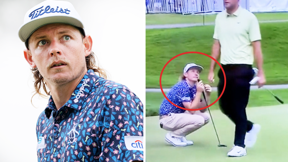 Cameron Smith (pictured left) looking on at the FedEx Cup playoff and (pictured right) Smith looking shocked when Scotty Scheffler walked through his line.