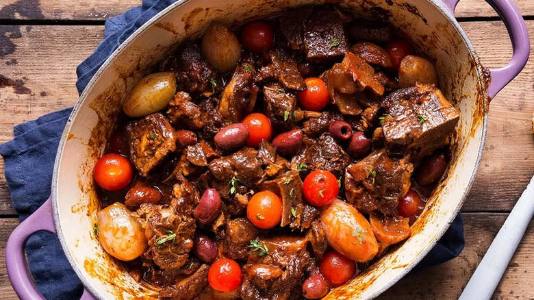 Top-down view of red wine-braised lamb neck