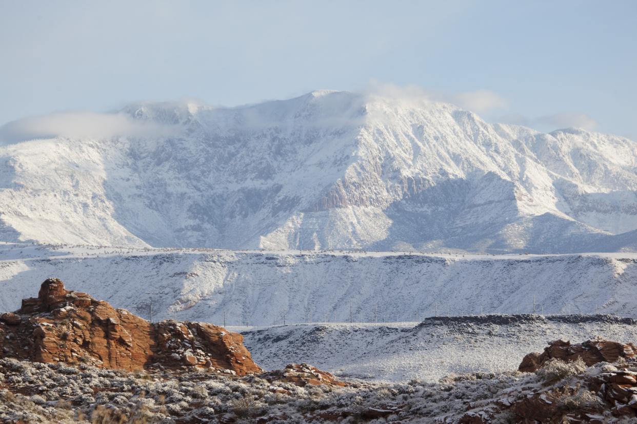 Fresh snow rests atop the Pine Valley Mountains above St. George in this photograph from winter, 2021. An early-season storm is expected to bring snow to the mountains across southwestern Utah this week, along with bitter-cold temperatures.