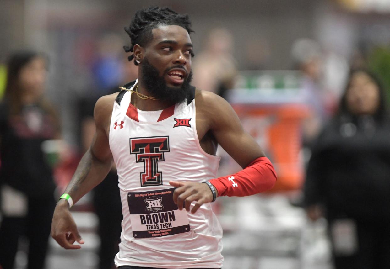 Texas Tech sprinter Shawn Brown, pictured at the Big 12 indoor championships in February, ran on the Red Raiders' 400-meter relay Friday night that produced a season-best time of 38.72 seconds.