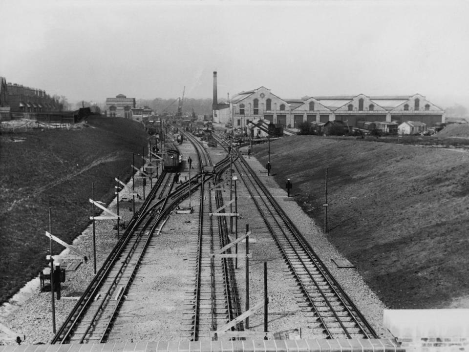 1907: Golders Green station under construction in north London.  The station, completed the following June, was originally on the Charing Cross, Euston & Hampstead Railway, which is now part of London Underground's Northern Line (Getty Images)