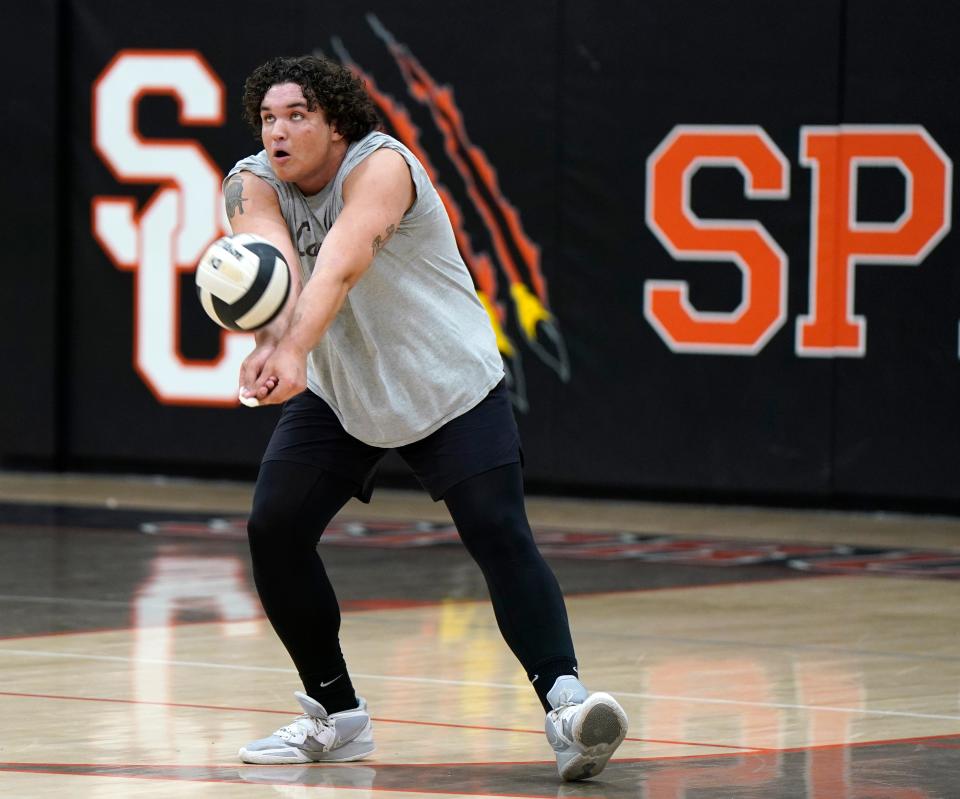 Spruce Creek boys volleyball player Carson Pliapol during practice at the school, Thursday, April 25, 2024.