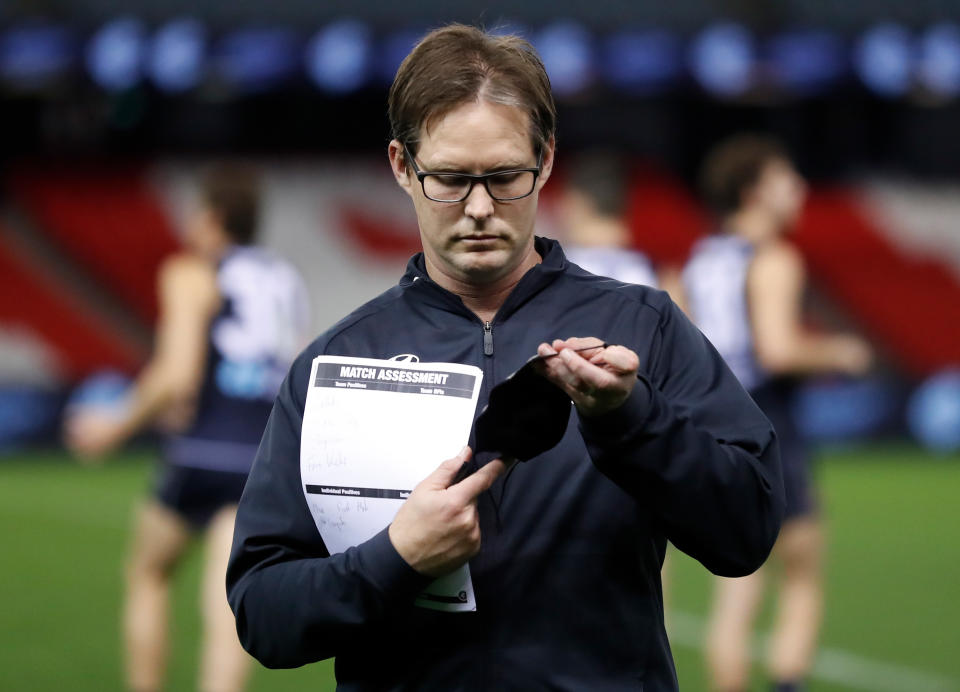 Seen here, Carlton coach David Teague looks on in the match against the GWS Giants. 