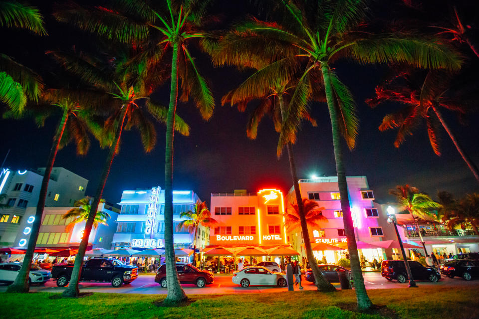 Ocean Drive and Art Deco District in South Beach, Miami at night, Florida, USA. Photo: Getty