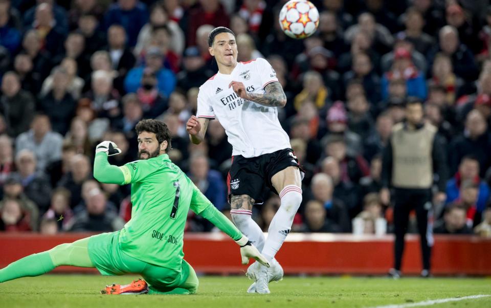 Darwin Nunez scored Benfica's third goal in the 3-3 draw at Anfield - GETTY IMAGES