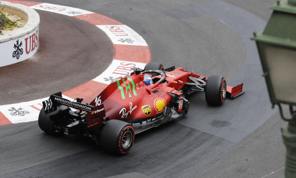 Ferrari driver Charles Leclerc of Monaco steers his car during the third free practice for Sunday's Formula One race, at the Monaco racetrack, in Monaco, Saturday, May 22, 2021. (AP Photo/Luca Bruno)