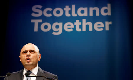 Britain's Home Secretary Sajid Javid speaks at the Scottish Conservative conference in Aberdeen, Scotland, Britain, May 3, 2019. REUTERS/Russell Cheyne