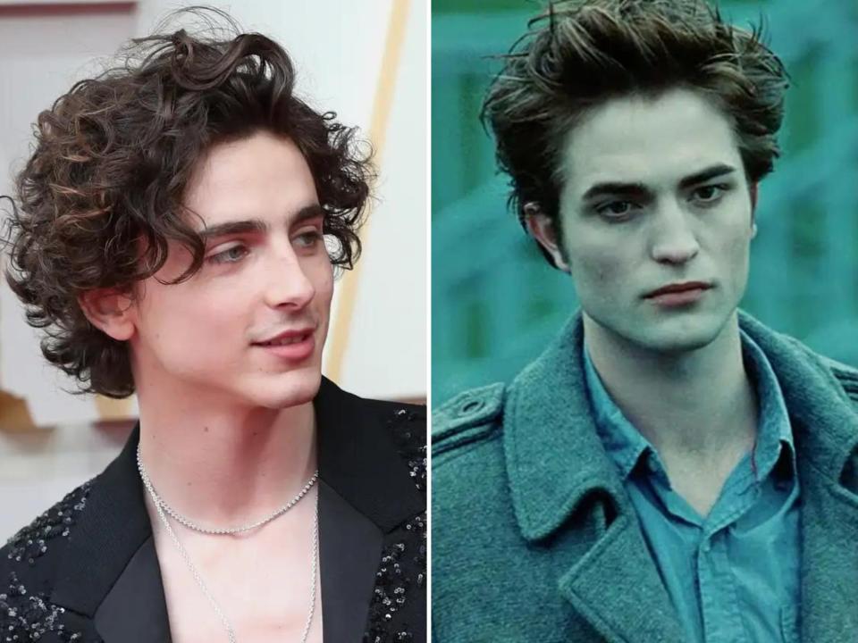 left: timothee chalamet in a black suit; right: robert pattinson as edward cullen