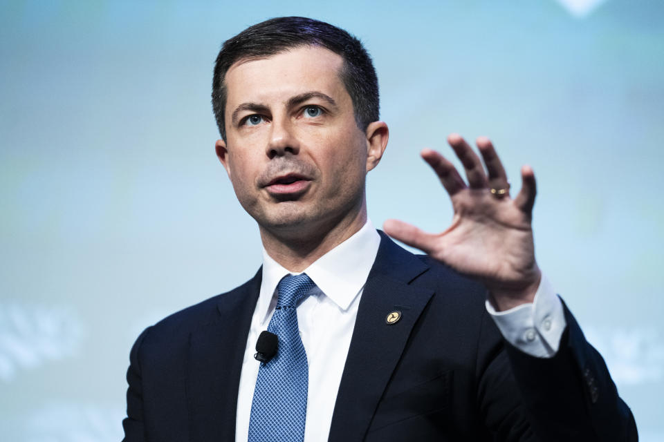 UNITED STATES - FEBRUARY 13:  Transportation Secretary Pete Buttigieg speaks during The National Association of Counties (NACo) 2023 Legislative Conference at the Washington Hilton on Monday, February 13, 2023. (Tom Williams/CQ-Roll Call, Inc via Getty Images)